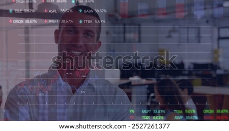 Image of financial data processing over caucasian businessman in office. Global business, finances, computing and digital interface concept digitally generated image.