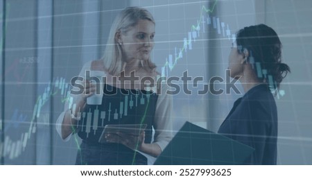 Image of financial data processing over diverse business people talking. global business, finances and digital interface concept digitally generated image.