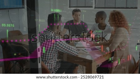 Image of financial data processing over business people in office. Global business, finance, computing, connections and data processing concept digitally generated image.