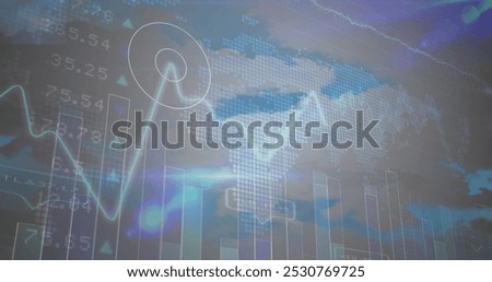 Image of financial data processing over electric cloudy sky. Electricity, energy and power distribution digitally generated image.