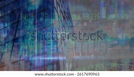 Image of financial data processing over cityscape. global fiances, connections, data processing and digital interface concept digitally generated image.