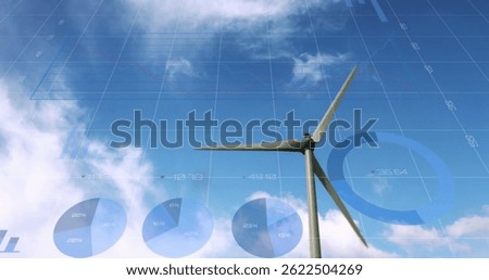 Image of financial data processing over wind turbine. global environment, sustainability and finance concept digitally generated image.