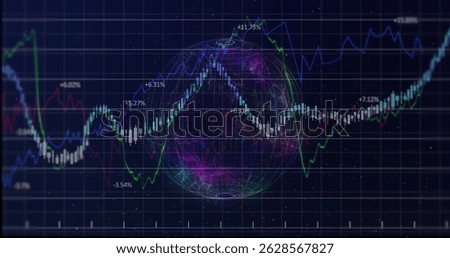 Image of financial data processing over dark background. global connections, data processing and digital interface concept digitally generated image.