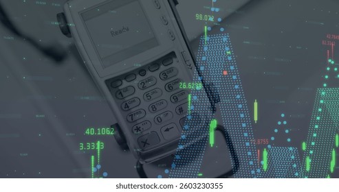 Image of financial data processing with payment terminal. global online shopping, data processing and digital interface concept digitally generated image.