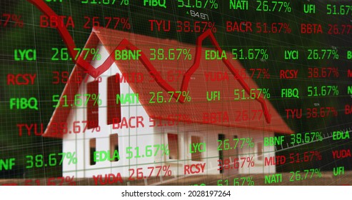 Image of financial data processing with red line over model of house in the background. Global business finance housing market concept digital composite.