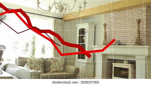 Image of financial data processing with red lines descending over house interior in the background. Global business finance housing market concept digital composite.