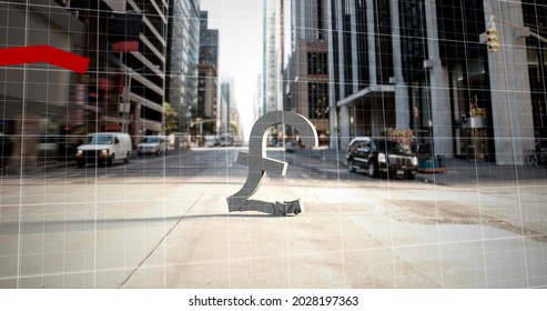 Image of financial data processing with red lines over modern buildings and pound symbol crashing in the background. Global business finance housing market concept digital composite.