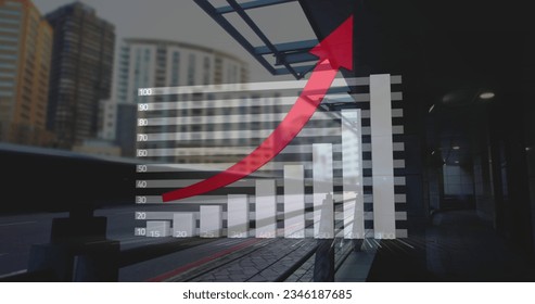 Image of financial data processing with red arrow over train platform. Global business, finance, transport, computing and data processing concept digitally generated image.