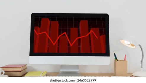 Image of financial data processing with red line over computer screen on desk. global business and finances, technology concept digitally generated image.