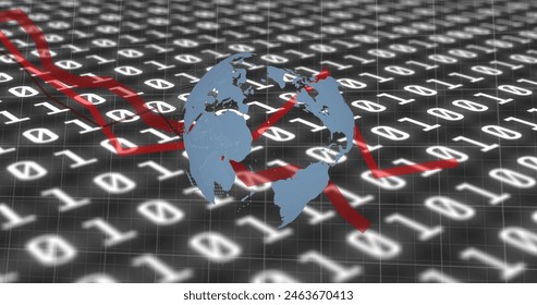 Image of financial data processing with red lines and globe spinning over binary coding. global finance and business concept digitally generated image.
