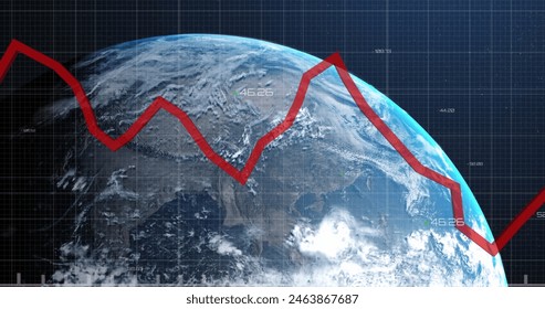Image of financial data processing with red line over globe. Global business, finances, computing and data processing concept digitally generated image.