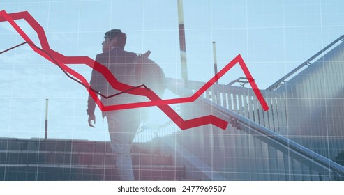 Image of financial data processing with red lines over asian businessman walking up stairs. Global business, finances, computing and data processing concept digitally generated image.