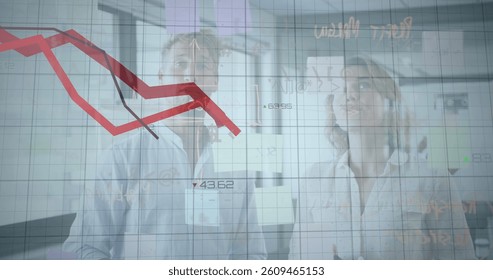Image of financial data processing with red lines over businessman and businesswoman. global business, digital interface, technology and networking concept digitally generated image. - Powered by Shutterstock - Get 15% off with code: PIKWIZARD15
