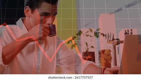 Image of financial data processing with red line, statistics over caucasian man using laptop. global business, finance and data processing concept digitally generated image. - Powered by Shutterstock - Get 15% off with code: PIKWIZARD15
