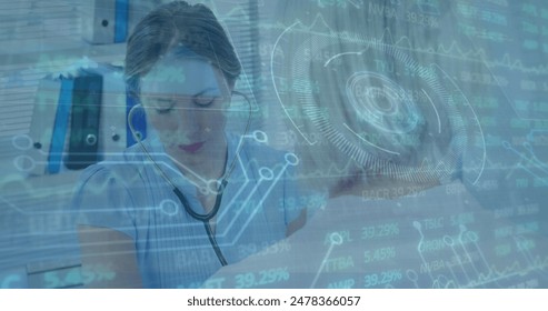 Image of financial data processing and scope scanning over diverse doctor and patient. Global finances, medicine and digital interface concept digitally generated image.