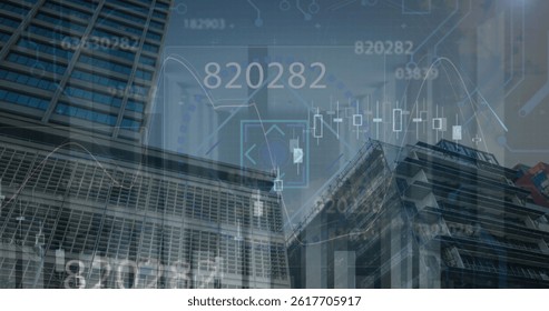 Image of financial data processing and scope scanning over cityscape. global business, finances and digital interface concept digitally generated image.