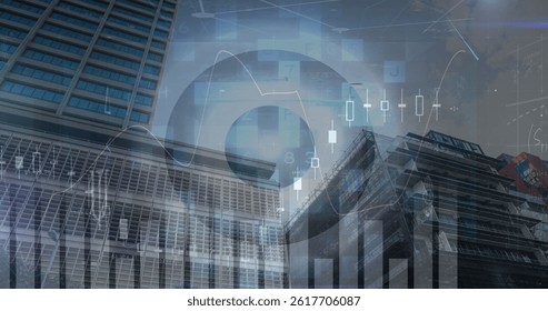 Image of financial data processing and scope scanning over cityscape. global business, finances and digital interface concept digitally generated image.