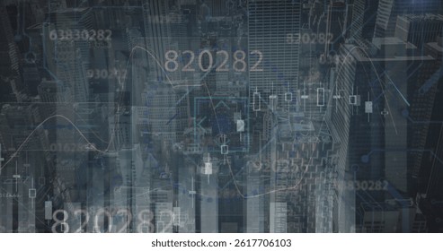 Image of financial data processing and scope scanning over cityscape. global business, finances and digital interface concept digitally generated image.