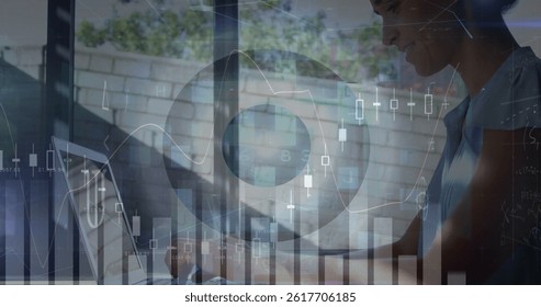 Image of financial data processing and scope scanning over biracial businesswoman. global business, finances and digital interface concept digitally generated image.
