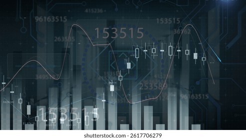 Image of financial data processing and scope scanning over server room. global business, finances and digital interface concept digitally generated image.