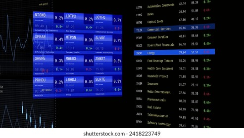 Image of financial data processing with screens over black background. Global networks, business, finances, computing and data processing concept digitally generated image.