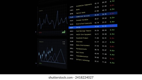Image of financial data processing with screens over black background. Global networks, business, finances, computing and data processing concept digitally generated image.