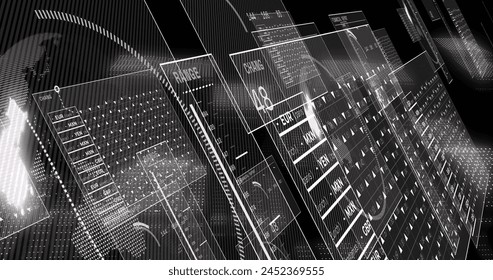 Image of financial data processing and screens over black background. Global business, finances, digital interface, computing and data processing concept digitally generated image.