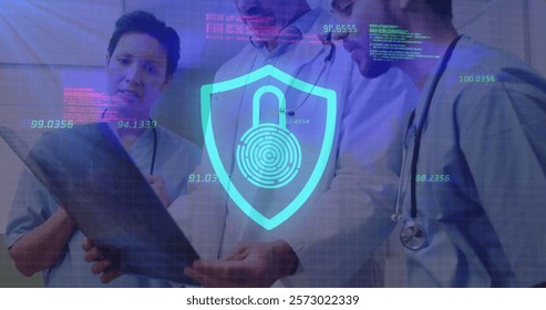 Image of financial data processing and shield icon over diverse doctors in hospital. Global medicine, healthcare and digital interface concept digitally generated image.