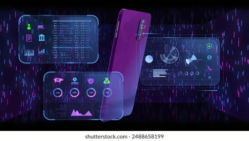 Image of financial data processing and smartphone on black background. Finances, communication, computing and digital interface concept digitally generated image.