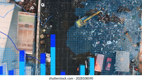 Image of financial data processing statistic recording over world map and urban industrial site. Global finance business economy environment concept digitally generated image.