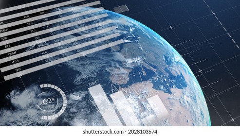 Image of financial data processing and statistics recording over planet Earth. Global business finances networking concept digitally generated image.