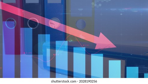 Image of financial data processing with statistics and red arrow descending over office files. global finance and business concept digitally generated image.