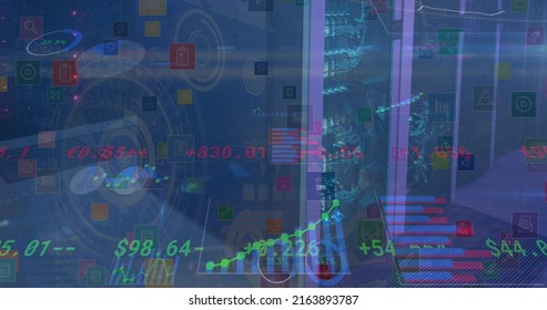 Image of financial data processing and statistics over computer servers. global finance, business and data processing concept digitally generated image.