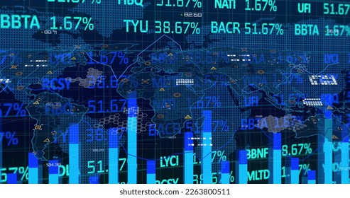 Image of financial data processing and statistics over world map on black background. Global finance, business and data processing concept digitally generated image.