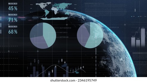 Image of financial data processing and statistics over globe. Global business, finance and data processing concept digitally generated image.