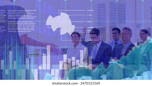 Image of financial data processing and statistics over business people. Global business, computing, connections and data processing concept digitally generated image.