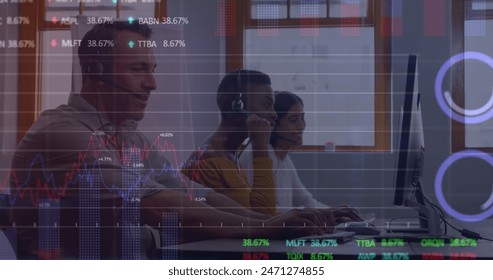 Image of financial data processing with statistics over diverse business people using computers. Global business, finance and digital interface concept digitally generated image.