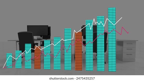 Image of financial data processing and statistics over office. Global business, finances, computing and data processing concept digitally generated image.