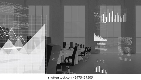 Image of financial data processing and statistics over office. Global business, finances, computing and data processing concept digitally generated image.
