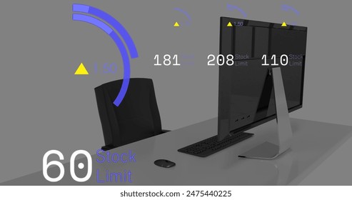 Image of financial data processing and statistics over office. Global business, finances, computing and data processing concept digitally generated image.
