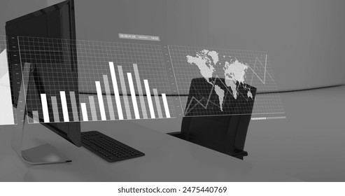 Image of financial data processing and statistics over office. Global business, finances, computing and data processing concept digitally generated image.