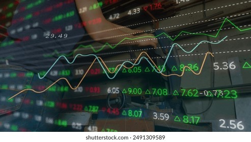 Image of financial data processing and statistics over caucasian woman working in factory. Global business, finances, computing and data processing concept digitally generated image.