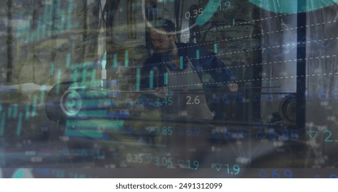Image of financial data processing and statistics over caucasian man working in factory. Global business, finances, computing and data processing concept digitally generated image.