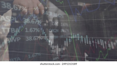 Image of financial data processing and statistics over factory. Global business, finances, computing and data processing concept digitally generated image.