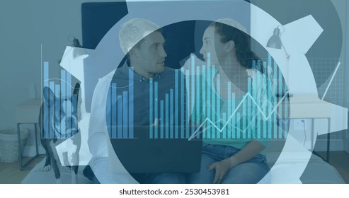 Image of financial data processing and statistics over caucasian couple. Global business, finance and data processing concept digitally generated image.