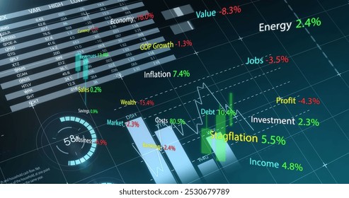 Image of financial data processing and statistics. Global business, finances, computing and data processing concept digitally generated image.
