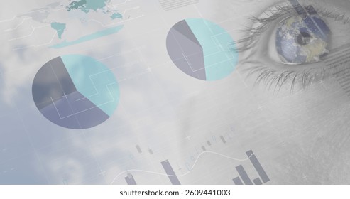 Image of financial data processing with statistics over woman's eye. global connection, data processing and digital interface concept digitally generated image.