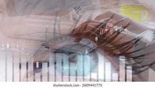 Image of financial data processing with statistics over woman's eye and man typing. global connection, data processing and digital interface concept digitally generated image.