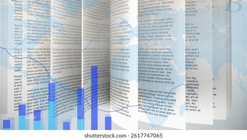 Image of financial data processing and statistics over world map. global business, finance and data processing concept digitally generated image.