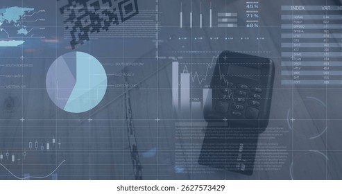 Image of financial data processing and statistics over payment terminal. Global business, finance and data processing concept digitally generated image.